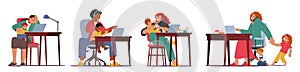 Multitasking Business Mother Characters Skillfully Balancing Work On Laptops While Holding Their Children