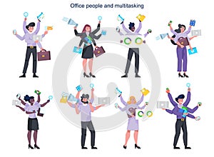 Multitasking business people with many hands set. Effective