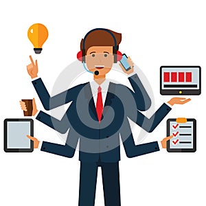 Multitasking businessman cartoon flat vector illustration concept on isolated white background