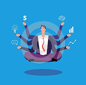 Multitasking businessman. Manager sitting in yoga lotus pose and juggles with tasks. Effective management vector concept