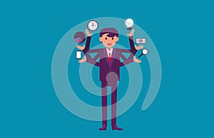 Multitasking. Businessman with multiple arms. Vector illustration business concept.