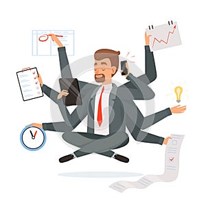 Multitasking businessman. Office worker making much work with hands writing calling reading yoga meditation vector