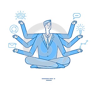 Multitasking businessman. Project manager sitting in relaxation yoga lotus pose thinking on tasks. Effective management