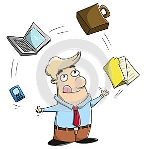 Multitasking cartoon businessman juggling office