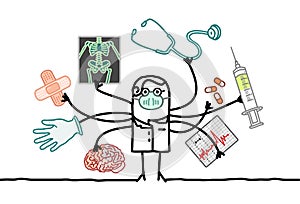 Multitasking cartoon doctor with many arms and medical objects