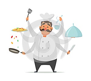 Multitasking chef cooking. Vector funny character isolate on white