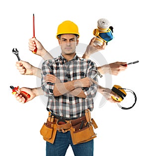 Multitasking concept. Handyman with different tools on background