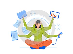 Multitasking, Deadline, Time Management Concept. Stressed Businesswoman With Many Arms Sitting In Yoga Lotus Position