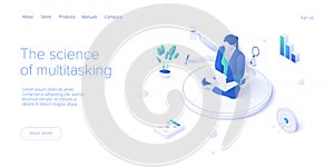 Multitasking female manager concept in isometric vector illustration. Workload female businesswoman in yoga pose. Web banner