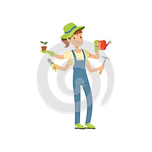 Multitasking gardener character, girl with many hands holding watering can, flower pot and garden tools vector