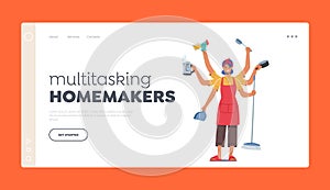 Multitasking Homemakers Landing Page Template. Housewife Character with Many Arms Holding Household Supplies photo