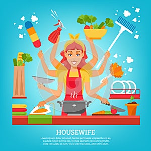 Multitasking Housewife With Eight Hands