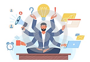 Multitasking man. Businessman with many hands in lotus position solves tasks at same time. Manager yoga zen. Productive