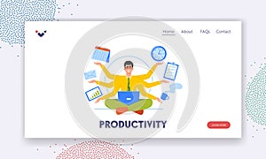 Multitasking, Productivity, Effective Time Management Landing Page Template. Businessman With Many Arms