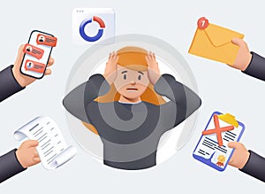 Multitasking Stressed Business Woman in Office Work Place 3D vector. Vector illustration. Employees overloaded business