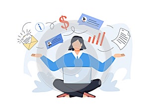 Multitasking Stressed Business Woman in Office Work Place. Vector illustration. Productive master, productivity