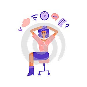 Multitasking and time management concept. Business woman doing multiple tasks at once. Busy Woman holding her head