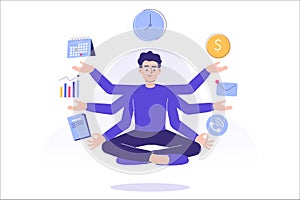 Multitasking and time management concept. Young freelancer man or business manager doing meditation or practicing mindfulness,