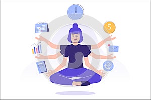 Multitasking and time management concept. Young freelancer woman or business manager doing meditation or practicing mindfulness,