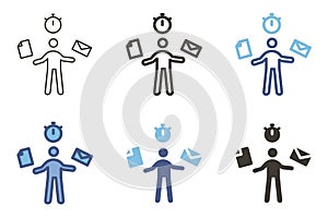 Multitasking vector icon. Productivity, efficiency, task management. Work and performance graphic element.Person, document, time