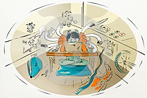 Multitasking woman, multi-armed mother during quarantine Illustration