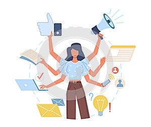 Multitasking woman. Versatile lady effectively decisive multiple cases at same time, hands perform actions, universal photo
