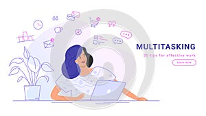 Multitasking and working online with laptop. Flat line vector illustration of woman working remotely