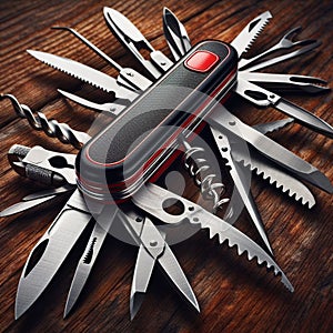 multitool in black and red on a wooden table
