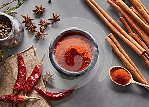 Multitude of aromatic spices such as cinnamon stick, paprika, star anise, cumin, pepper and others isolated on gray background.