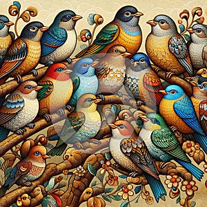 A multitude of birds perch collectively on a single tree branch.