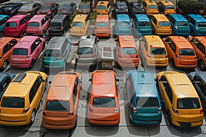 A multitude of cars in various colors fill a bustling parking lot, creating a vibrant and colorful scene