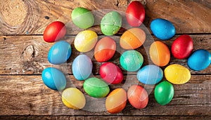 Multitude of colored Easter eggs on wooden surface