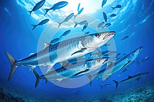 A multitude of fish gracefully swim together in the vast expanse of the ocean., School of Barracuda swimming in the Red Sea, Egypt