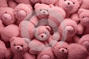 A multitude of pink teddy bears gathered together in a large group, creating an adorable and charming scene., A soft and plushy