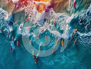 multitude of surfers in the sea seen from above, aerial image of the sea with colored surf in the waves, holidays, created with ai