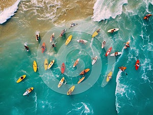 multitude of surfers in the sea seen from above, aerial image of the sea with colored surf in the waves, holidays, created with ai