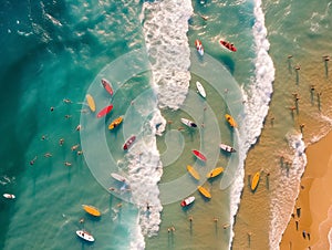 multitude of surfers in the sea seen from above, aerial image of the sea with colored surf in the waves, holidays, created with ai