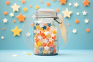 multitude of tiny origami stars in a glass jar