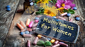 Multivitamin capsules supplements on the table. Selective focus.