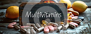 Multivitamin capsules supplements on the table. Selective focus.