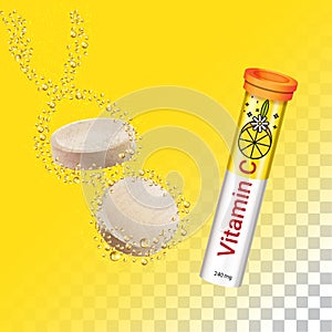 Multivitamin effervescent tablet pills. Vitamin C soluble pills with lemon flavour in water with sparkling fizzy bubbles trail photo