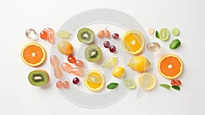 Multivitamins and supplements with fresh and healthy fruits on white background.