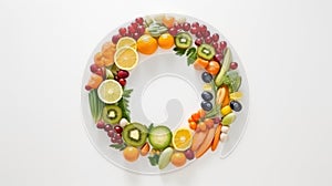 Multivitamins and supplements with fresh and healthy fruits on white background.