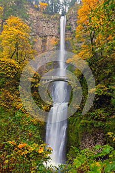 Multnomah Falls in Fall Season Colors in Oregon America