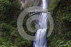 Multnomah Falls and foot bridge in lush green setting near Mount Hood and Portland Oregon in the Columbia River Gorge region