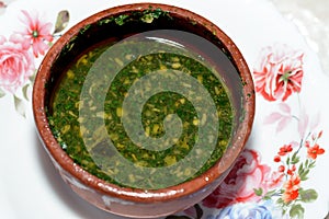 Mulukhiyah, also known as molokhia, molohiya, or ewedu, a dish made from the leaves of Corchorus olitorius, commonly known in