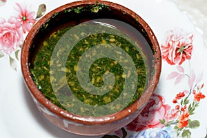 Mulukhiyah, also known as molokhia, molohiya, or ewedu, a dish made from the leaves of Corchorus olitorius, commonly known in