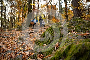 Mum and child are walking along the mountain hiking trail. Family spending time