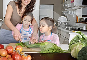 Mum and Daughter Chopping Veggies