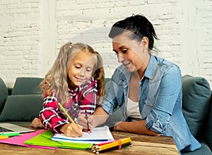 Mum and daughter doing homework together at home